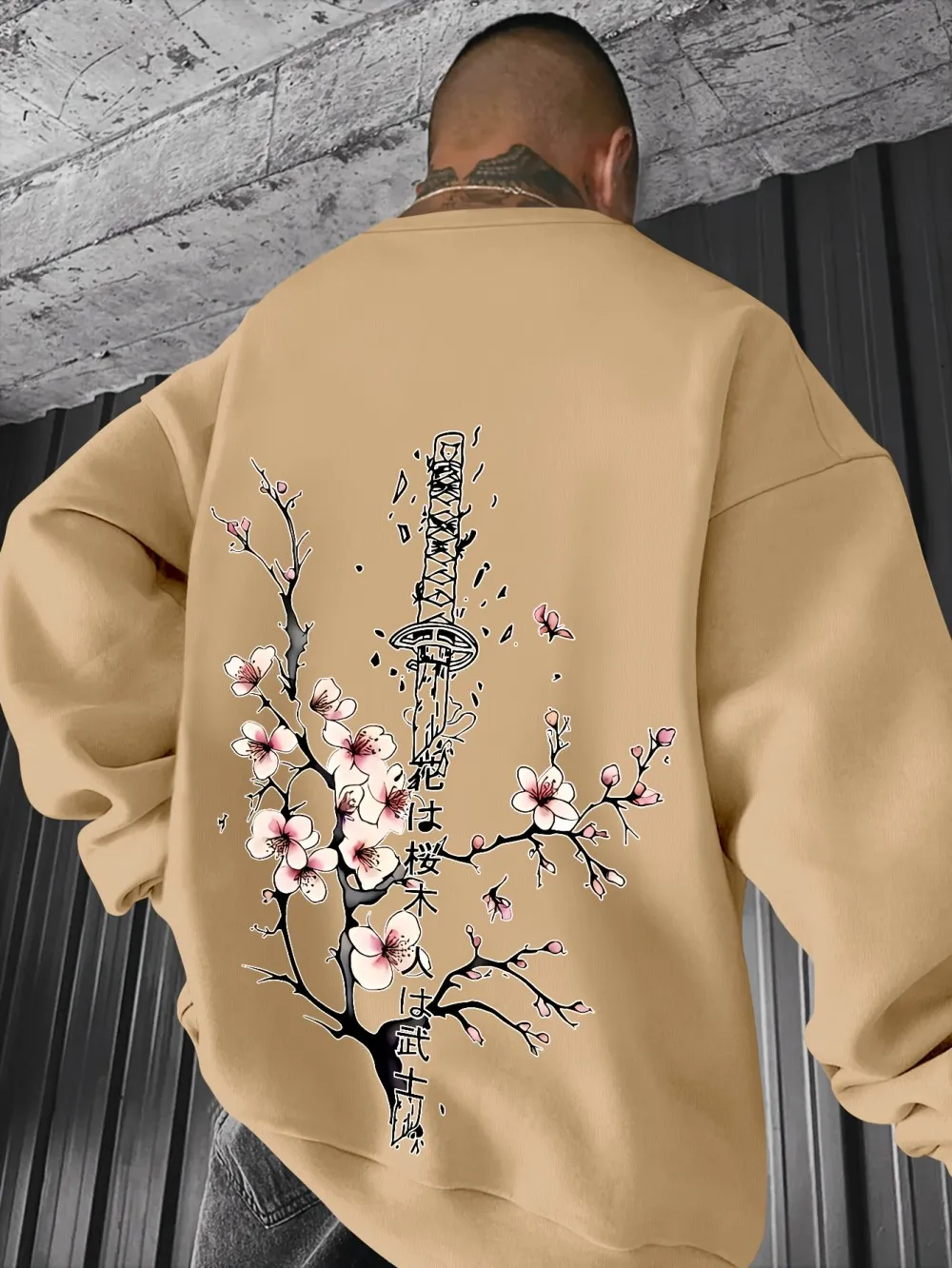 American men's autumn samurai sword flower letter print soft and comfortable round neck long sleeved T-shirt outdoor street top
