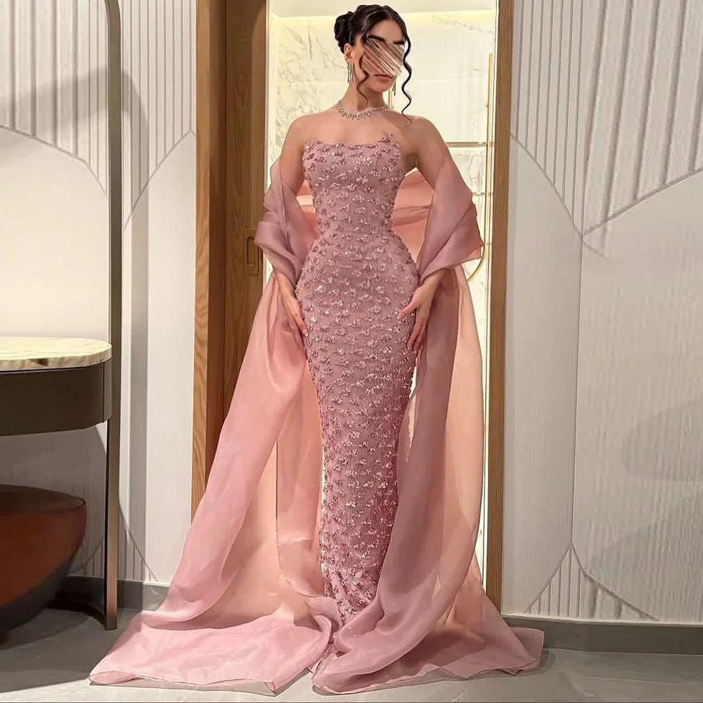 Elegante personalizado sem mangas sem alças com xale requintado lantejoulas sereia vestido de festa temperamento tule vestidos de celebridades