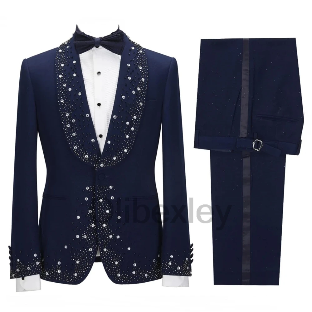 Olibexley Navy Blue Crystal Beaded Men Suit 2 Pieces Set Male Party Blazers Gorgeous Groom Wedding Tuxedos Homme Customized S360