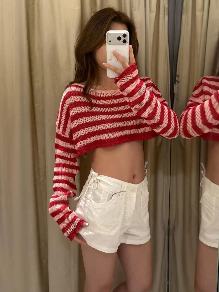 HH Fashion Women's Striped Knit Crop Top Loose Long Sleeve Boat Neck Casual Pullover 2026 Summer Female Beach Short Streetwear