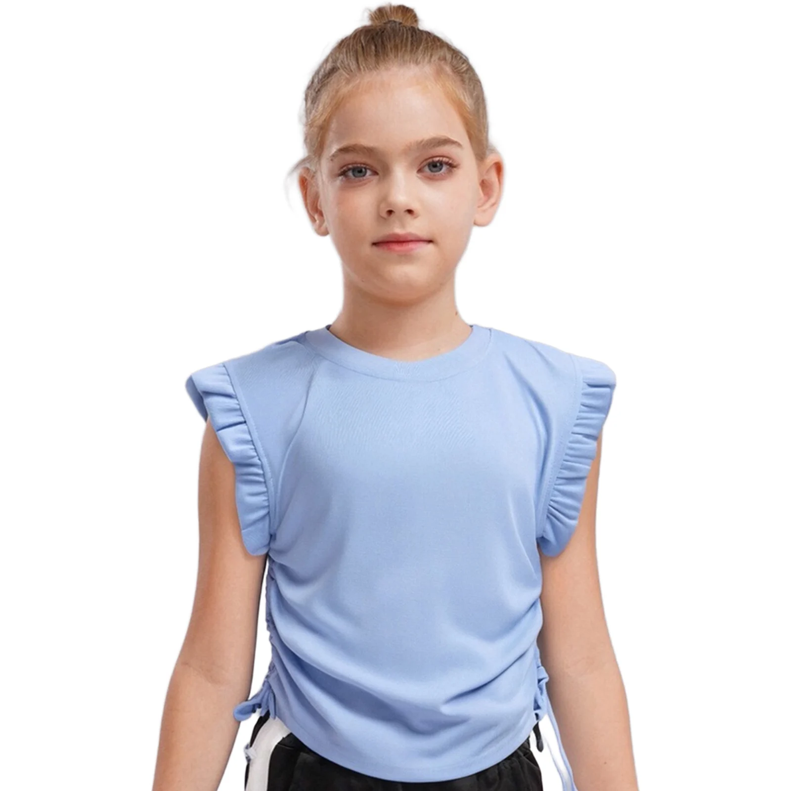 Kids Girls Fashion Drawstring Shirt Vest Sweet Ruffle Sleeveless Round Neck T-shirt for Vacation Beach Picnic Casual Clothes