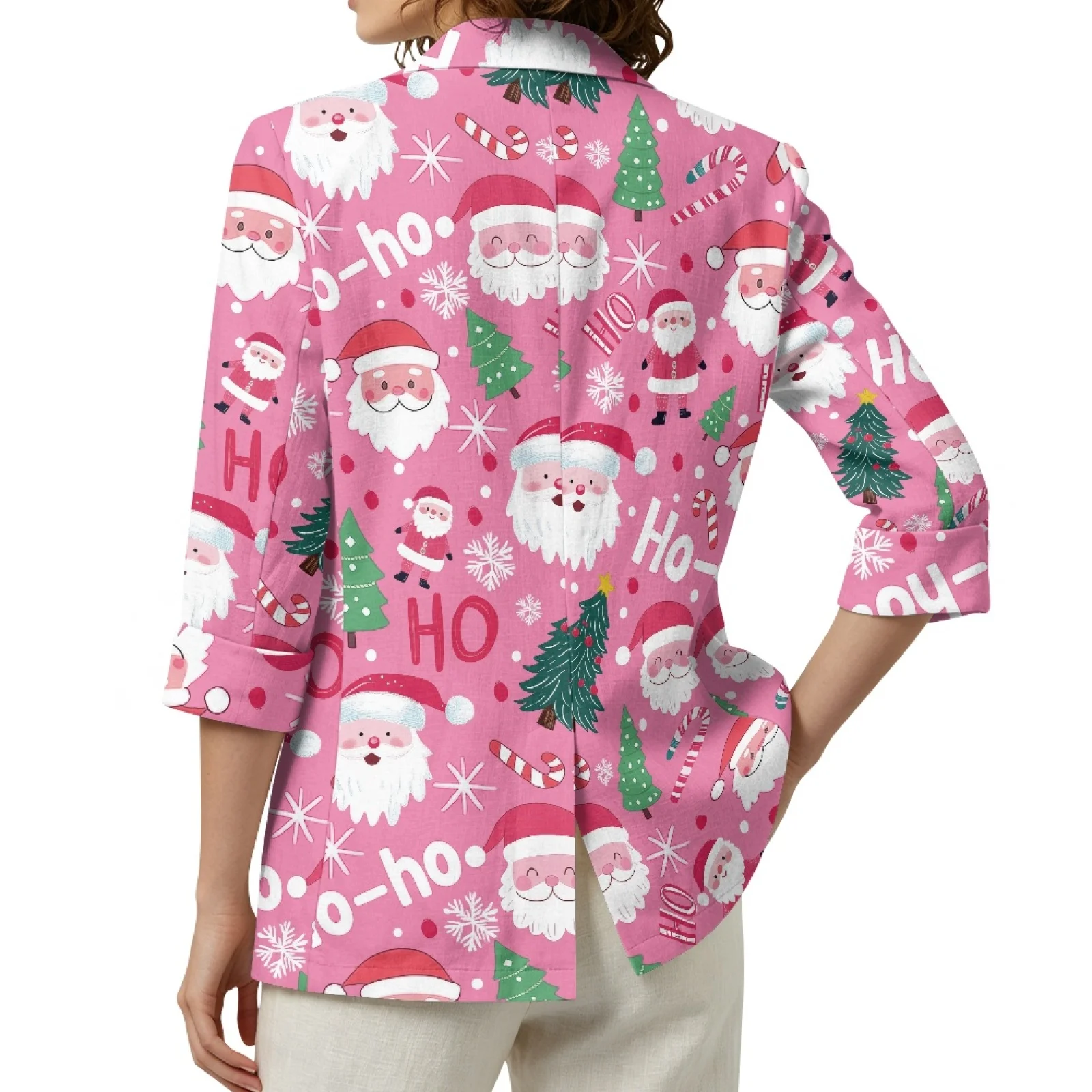 PENSTROLL Pink Santa Claus Print Linen Like Open Front Blouse for Daily Wear Breathable Cover Up Cardigans Beach Cover Ups
