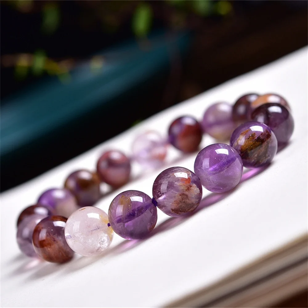 Natural Crystal 8-12mm Amethyst Purple Titanium Ghost Round Beads Bracelet for Women in Charm Bracelets Energy Cured Jewelry