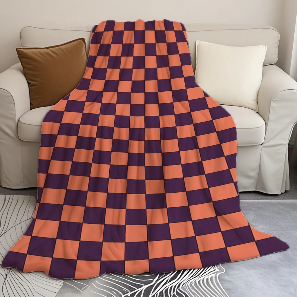 1pc Plaid Orange Purple Patchwork Printed Flannel Blanket, Multifunctional Warm And Cozy, Suitable for Sofa, Bed, Office, Campin