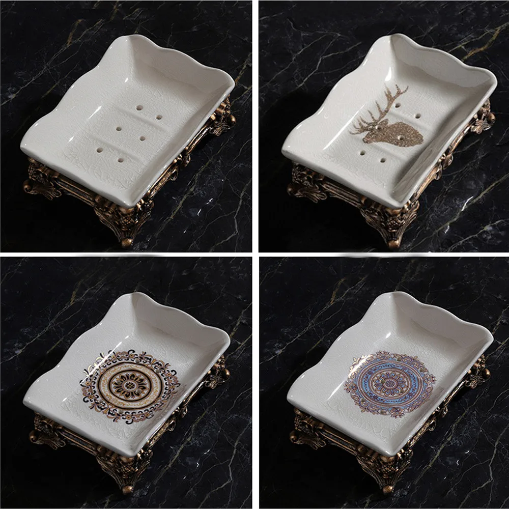 European Retro Ceramic Portable Soap Dishes Container Bathroom Bath Soap Dish With Drain Water Bathroom Accessories