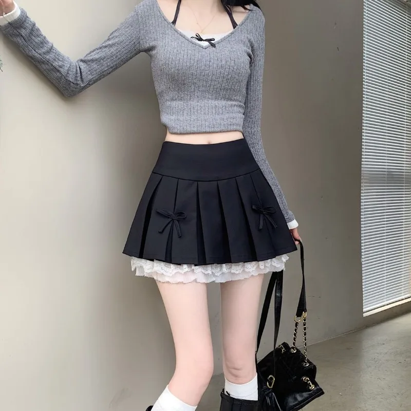 

Women Pleated Skirt Bow Tie A-line Skirt Y2k Lace College High Waist Short Skirt Design Streetwear Sweet Vintage Chic Sexy