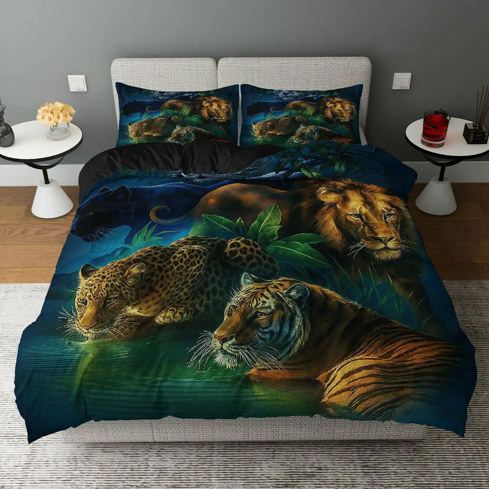 Tropical Jungle Safari Lions Tigers Giraffe Parrots Penguins theme, Wildlife Zoo bedding set 3D Realistic Animal Print for decor