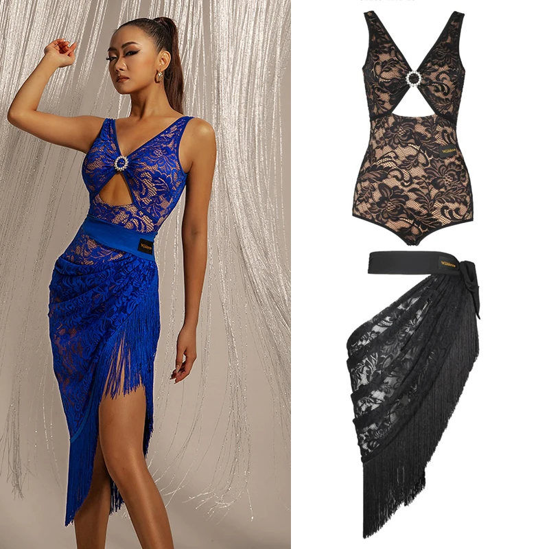 Sexy Latin Dance Costume Lace Diamond Ring Cutout Top Lace Apron Fringes Skirts Female Ballroom Dance Competition Clothes SL6496