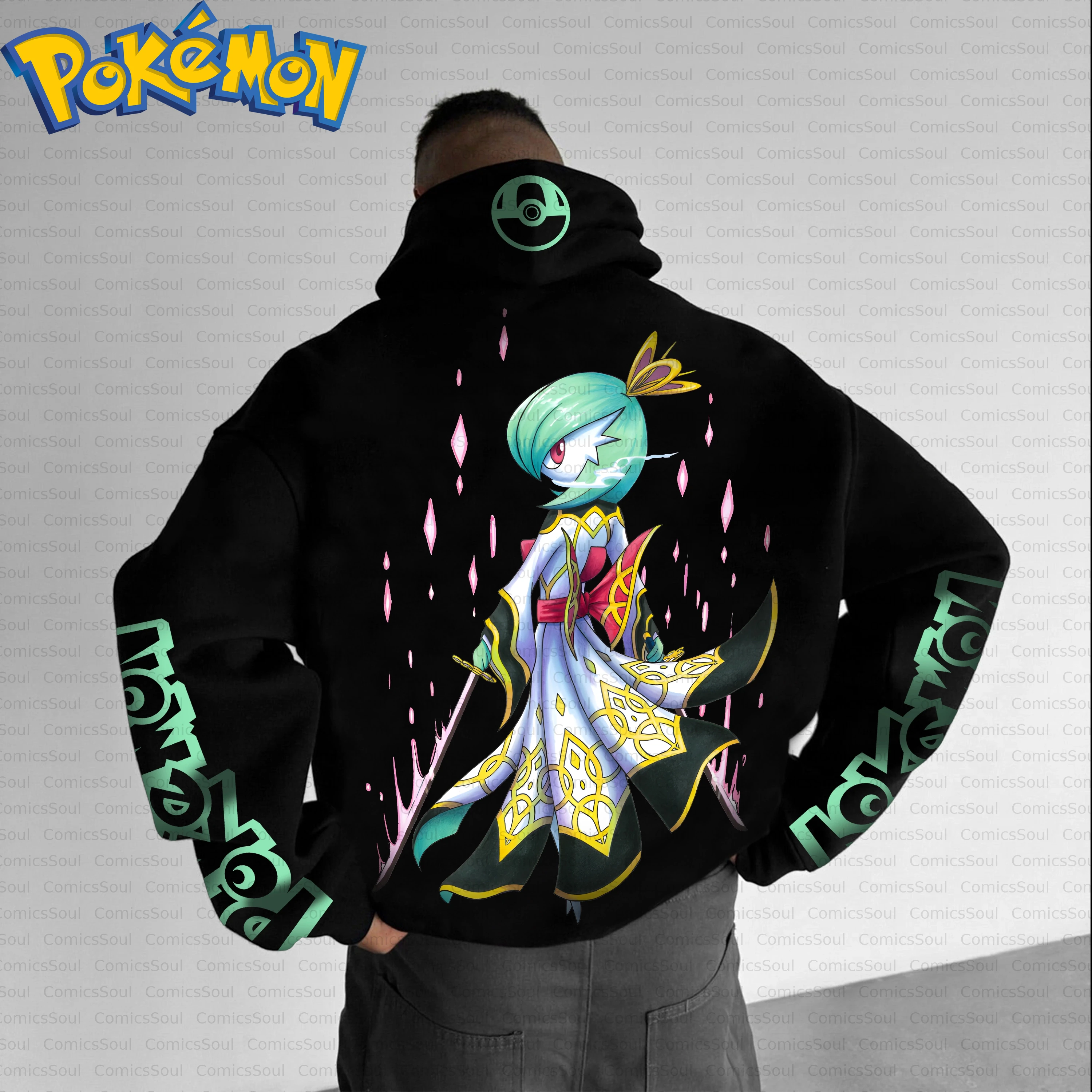 Conjunto de moletom com capuz Pokémon de algodão preto e calças Harajuku com estampa Gardevoir, efeitos azuis rosa e manga verde, design casual com logotipo