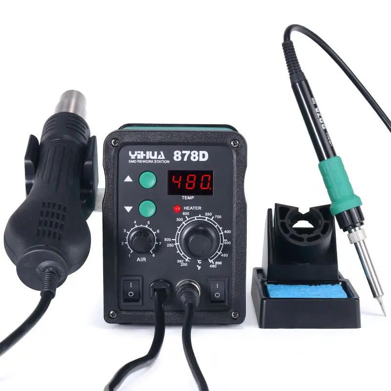 YIHUA 878D 2-in-1 Digital Display Hot Air Soldering Rework Station with Hot Air Gun & Soldering Iron AC 110-240V 200-480C