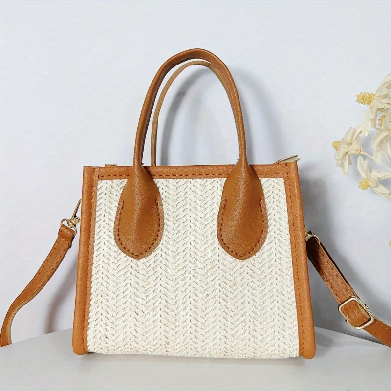 

Изысканная женская сумка через плечо в стиле ретро, трендовая портативная маленькая квадратная сумка в тон, изысканная соломенная сумка