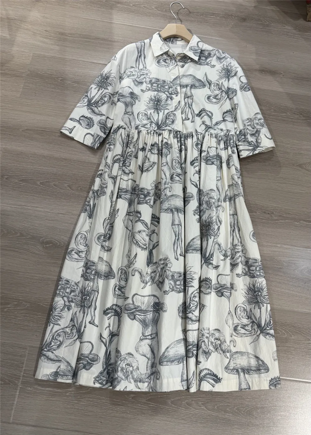 

Women's Summer Cotton Printed Shirt Dress Straight Midi Long Skirt