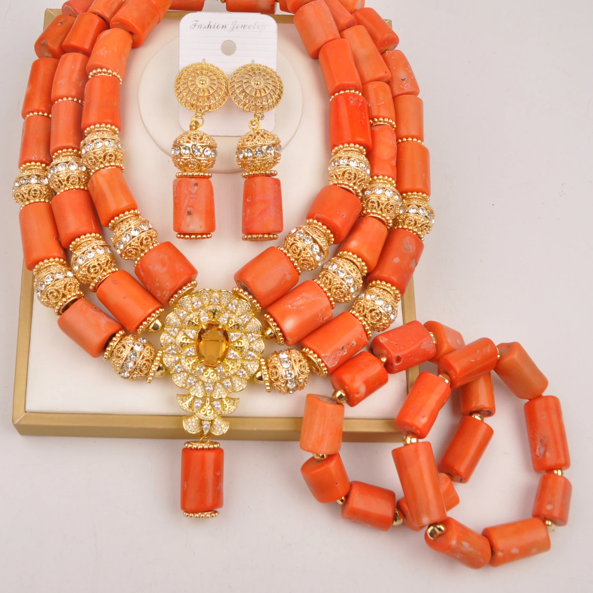 Fashion African Jewelry Set 3 Rows Orange Original Coral Bead Necklace