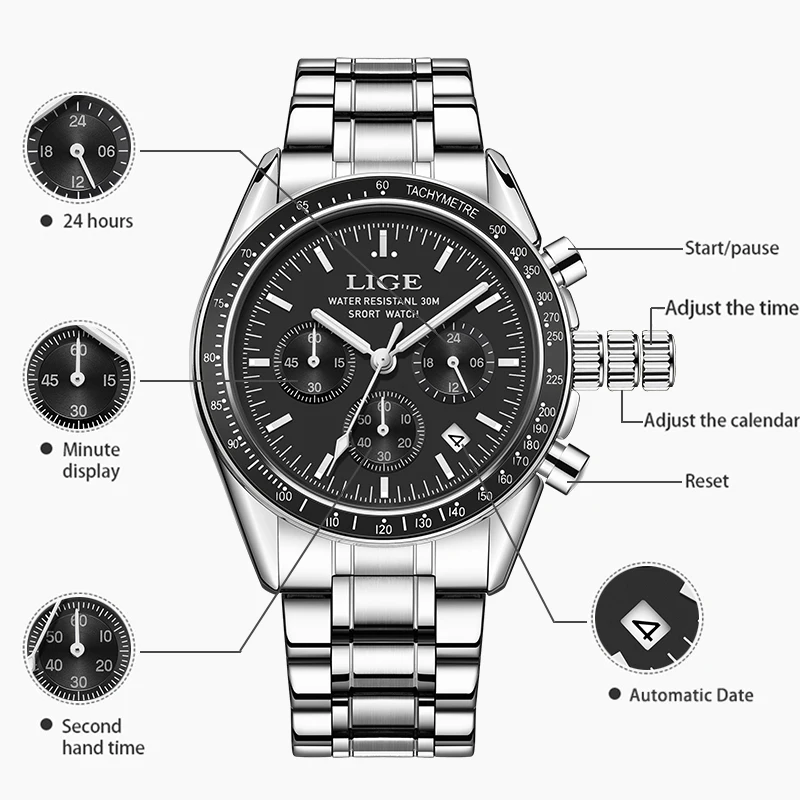 Relogios Masculino New Fashion Watches Man LIGE Clock Luxury Men Wristwatch Stainless Steel Waterproof Quartz Watch Chronograph