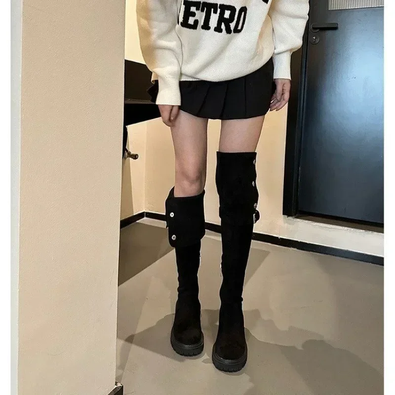 Over The Knee Cowboy Boots Women  Designer Winter Platform Shoes Fashion Fur Suede Wedges Thigh High Boots Motorcycle Shoes 2024