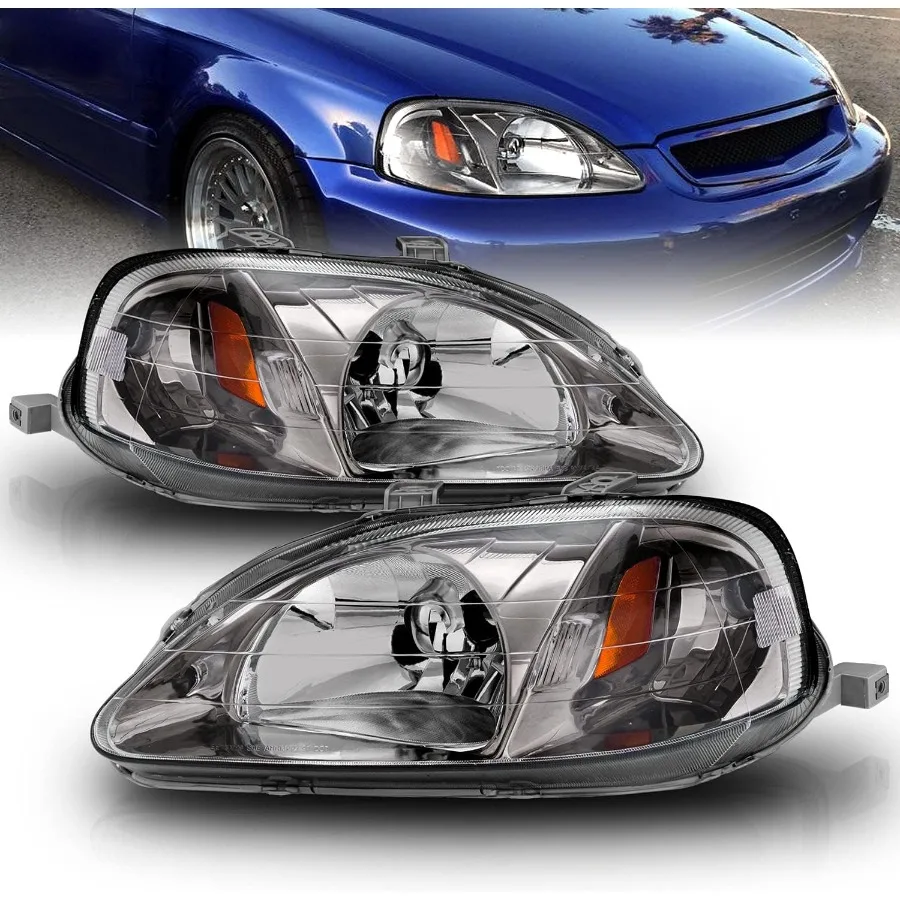 

Gun Metal OE Replacement Headlights Set for 1999-2000 Honda Civic - Compatible with Passenger and Driver Side Enhanced Visibili