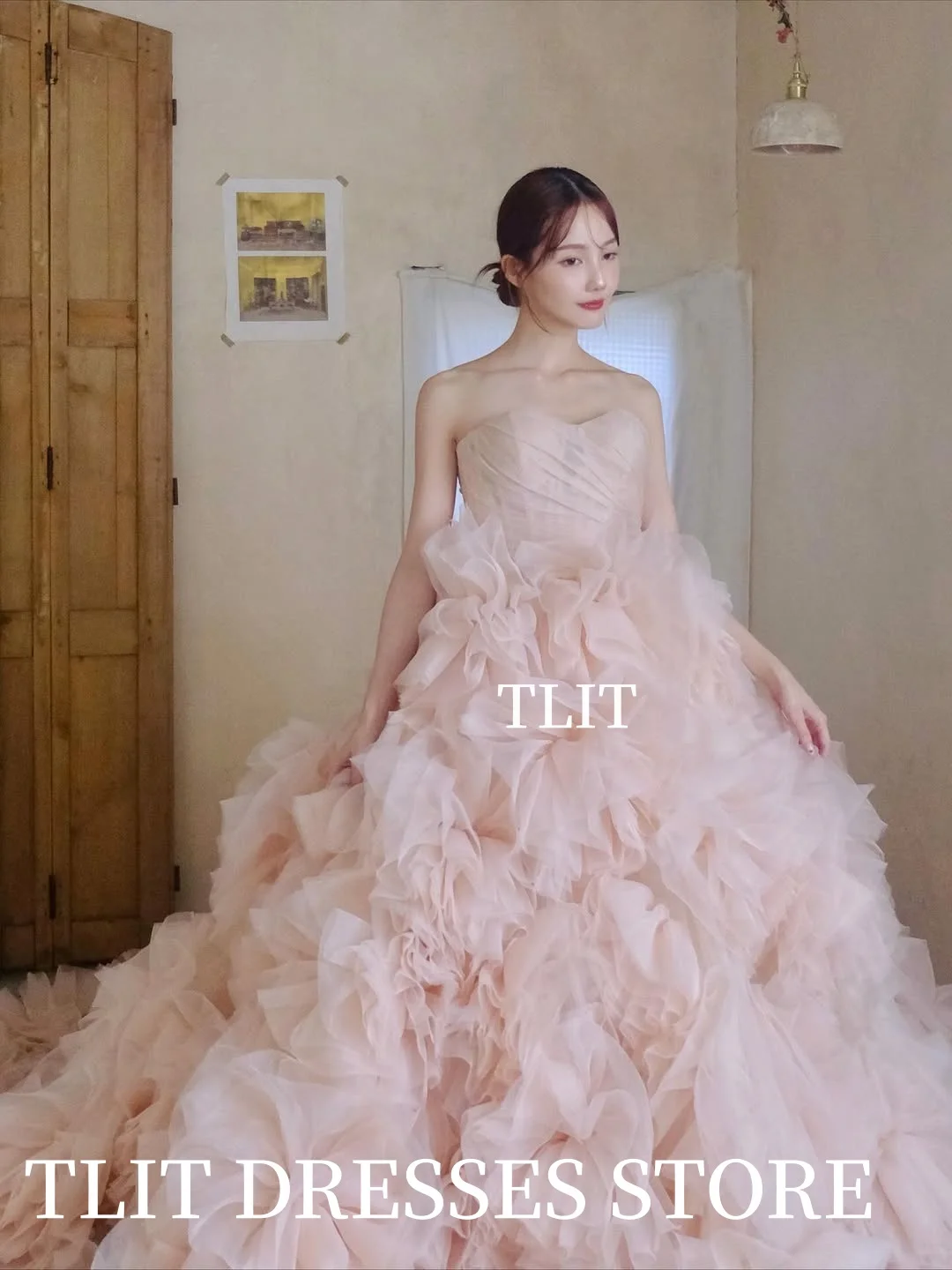 TLIT Lovely Pink Tiered Tulle Evening Dress이브닝 드레스 Korea Wedding Dresses Photo Shoot Pleats Strapless Prom Gown Customized