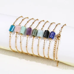 JD Natural Stone Pink Quartz Amethyst Faceted Tube Bead Stainless Steel Bracelet Women Exquisite Nugget Gems Adjustable Jewelry