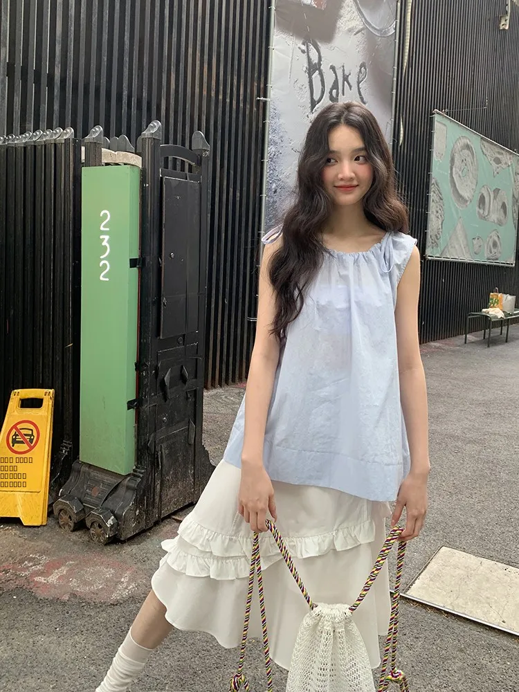 

Blue Loose Svel Vest Women's Summer New Sle Fre Design Feelings Outerwear Mixd Brand Casual Faion Top