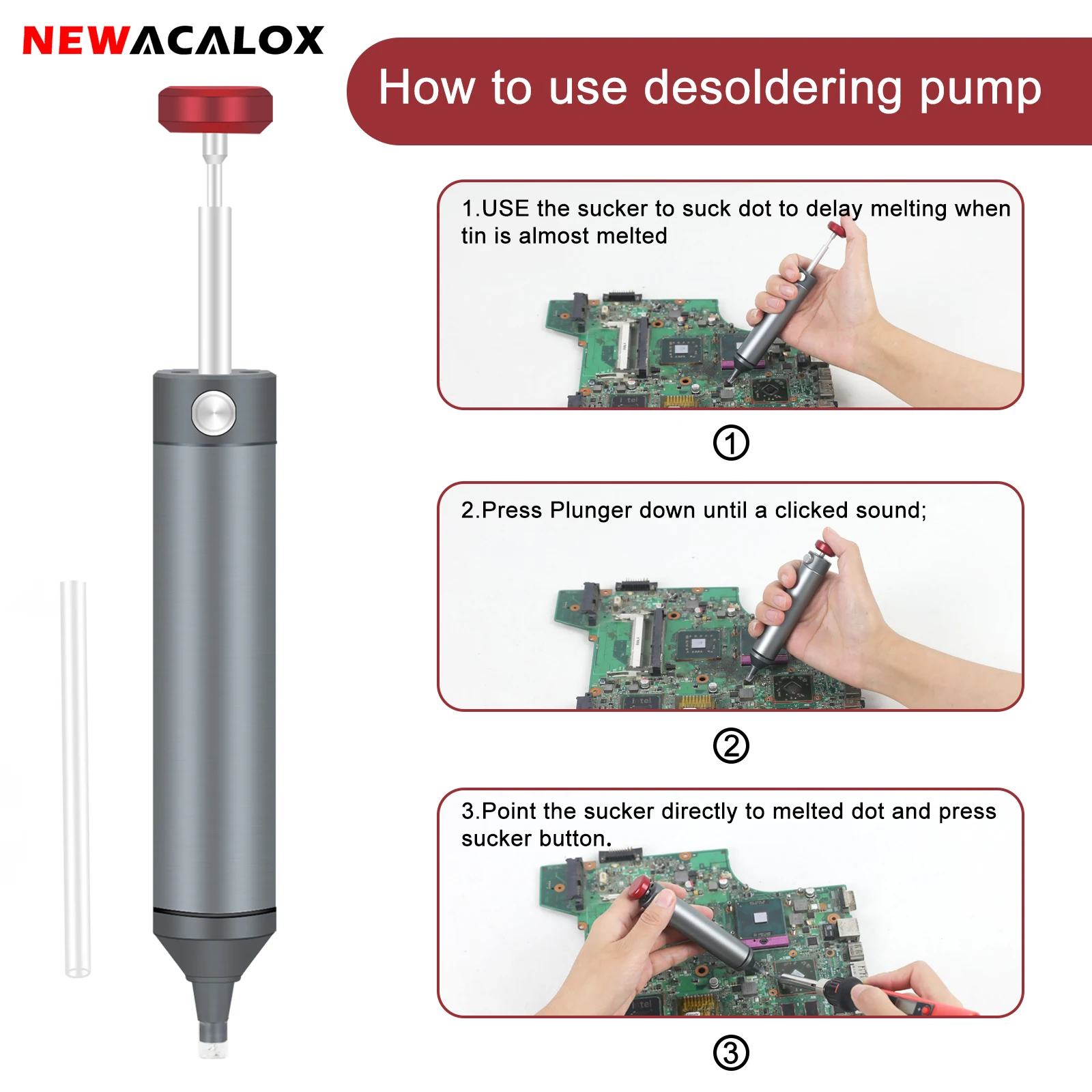 

NEWACALOX Solder Sucker Vacuum Desoldering Pump Tin Remover Tool 2mm Suction Nozzle with 1PC Suction Tube for Welding Repair