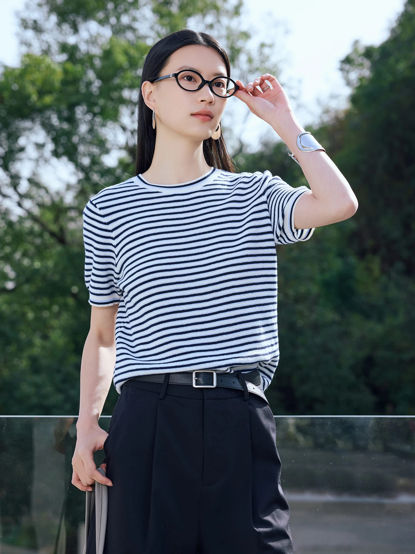 

Spring Summer New Arrival MASJM Cotton Wool Stripe Knitted Top Breathable Comfortable Short Sleeve Knitwear Casual Loose Fit