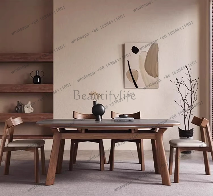 Retractable rock slab solid wood variable round table light luxury square and round dual-purpose dining table