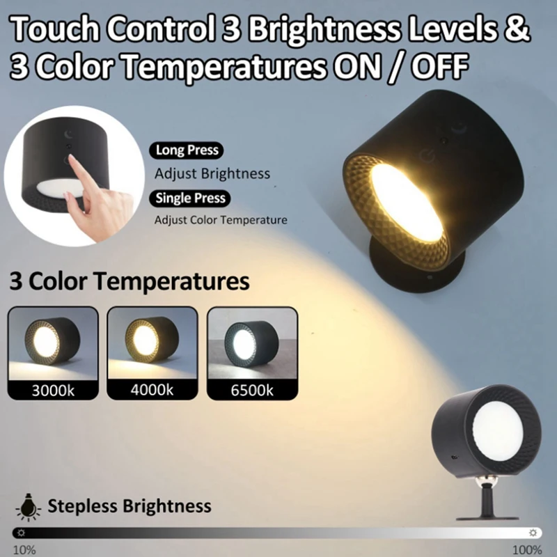 Luci LED ricaricabili tramite USB con telecomando 3 temperature di colore Luminosità dimmerabile 360 °   Installazione magnetica ruotabile-AT64