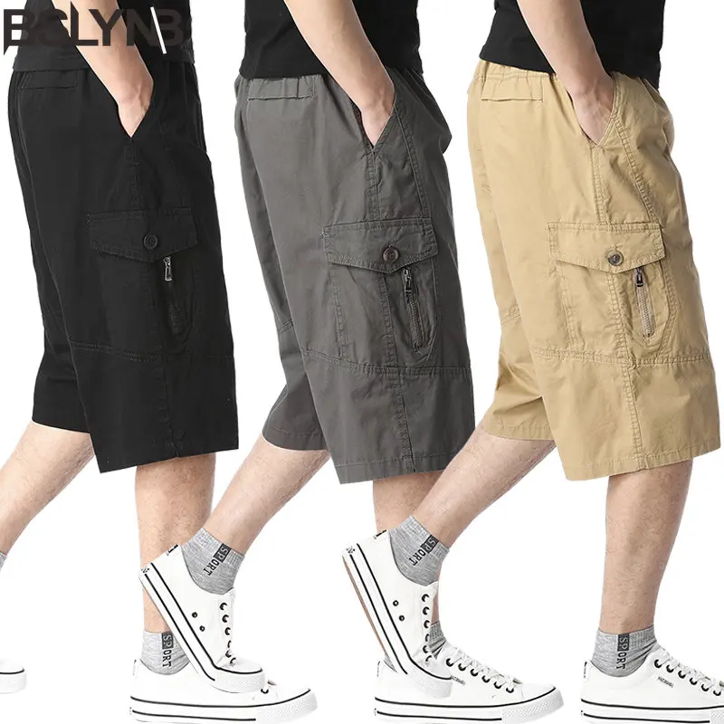 

New Men's Casual Drawstring Shorts Solid Color Comfortable Beach Shorts Multi-pocket Tactical Baggy Cargo Shorts Male Trousers