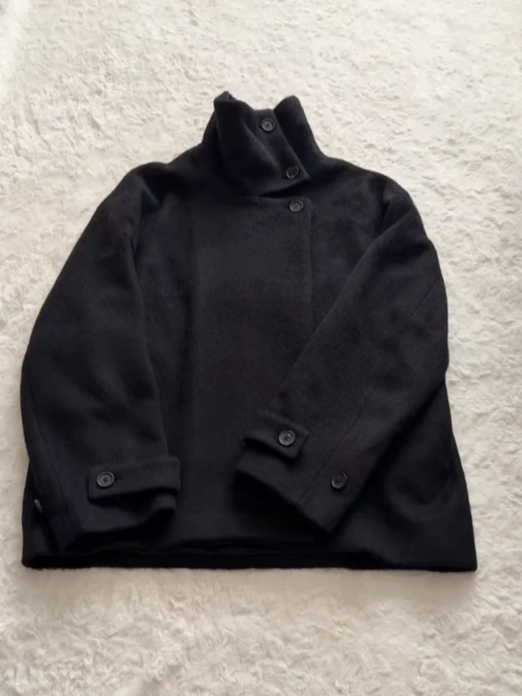 

Street Solid Loose Women's Woolen Coat Stand Collar Full Sleeve Slant Opening Single Breasted Jackets New Chic Ladies Streetwear