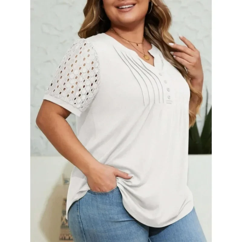 

Новая женская модная плиссированная футболка с v-образным вырезом и короткими рукавами размера плюс 1XL-5XL