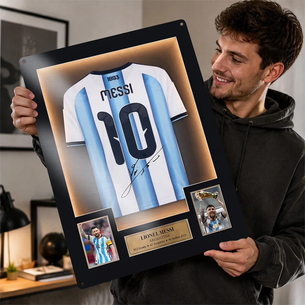 Argentinien-Legenden-Trikot 3D-Textur Gedrucktes Poster Maßgefertigtes Vintage Metall-Blechschild für Wandkunst Wanddekoration Luxus-Heimdekoration