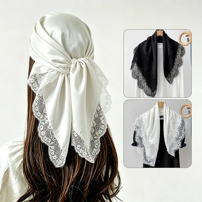 70x70cm Square Scarf Women Lace Trim Hijab Bow Tie Headscarf Elegant Silky Bandana Modest Muslim Head Wrap Daily Hair Scarves
