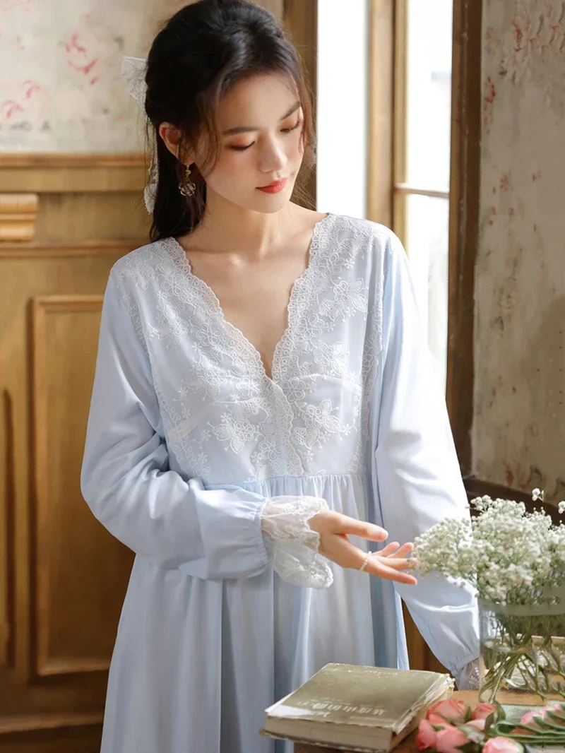 Women Cotton Ruffles Lace V-Neck Vintage Nightgowns Robe Nightie Long Sleeve Night Dress Victorian Romantic Princess Sleepwear