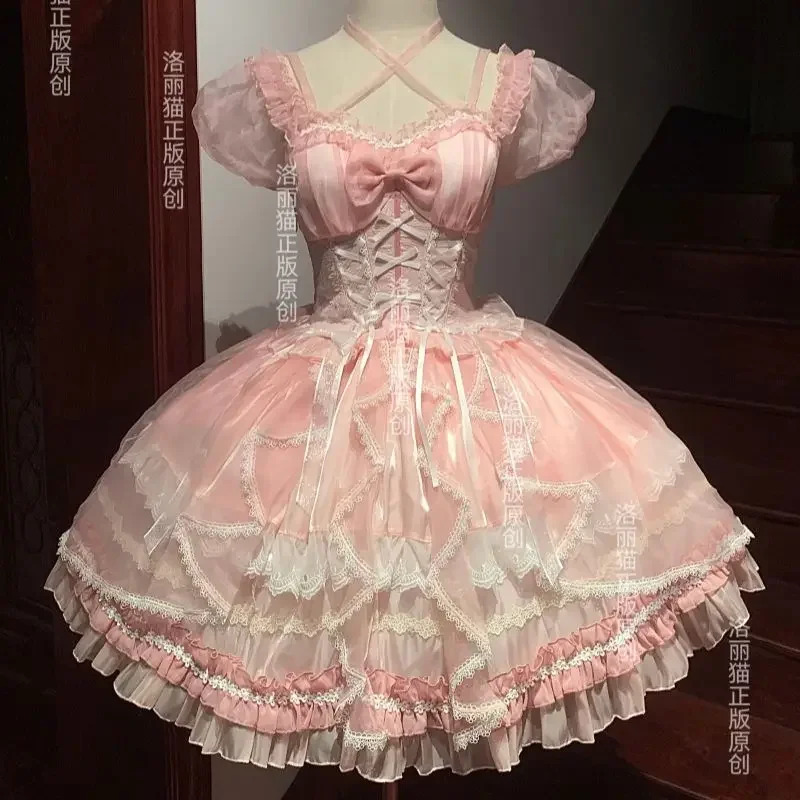 Japan Sweet Lolita Dress Lace Ruffle Bowknot Organza Pink Puffy Bubble Sleeves Princess Dress Cross Cosplay Fairy Dress 2025