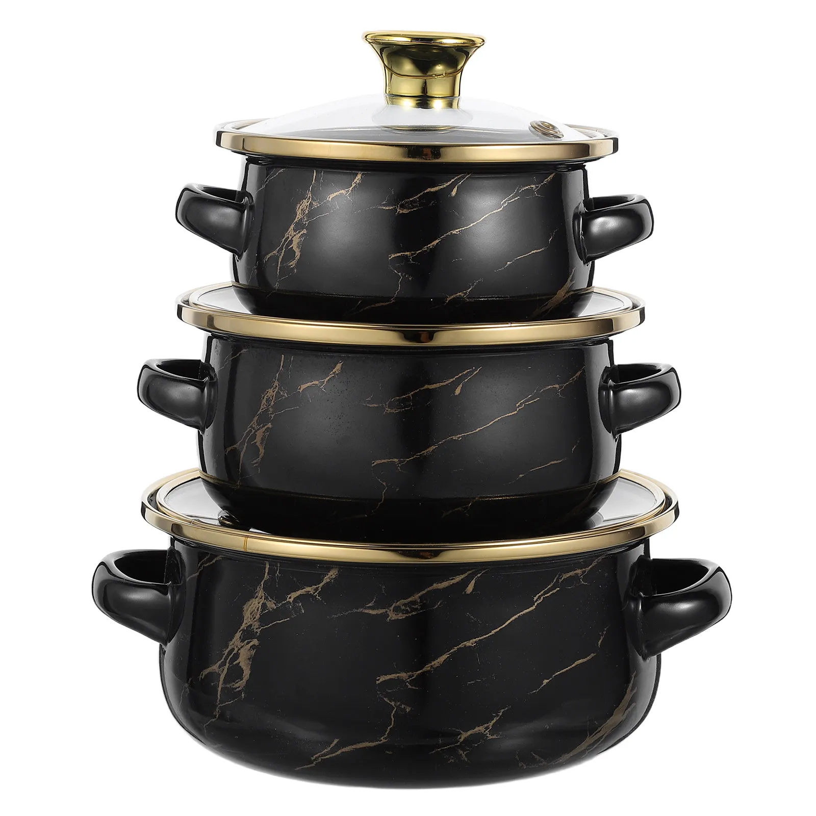 3pcs Enamel Soup Pot Set with Lids, 500ml/800ml/1200ml, Double Handle, Induction & Gas Stove Compatible