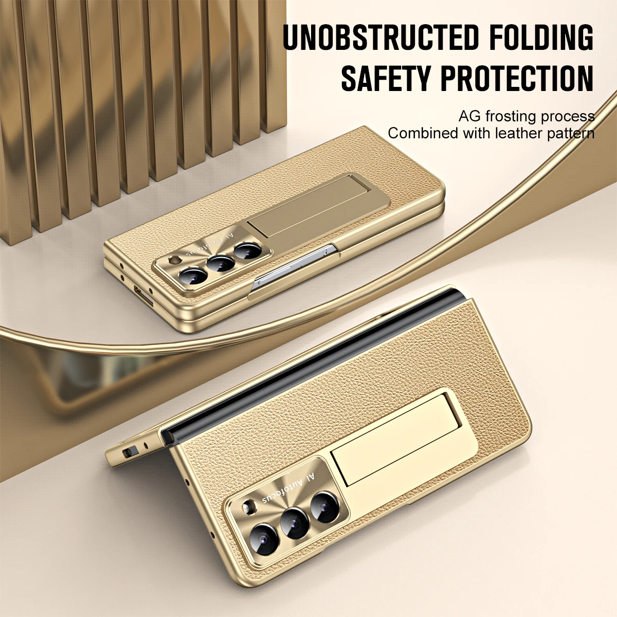 High-End Luxury Leather AG Frosted Hard PC Back Cover Case for Samsung Galaxy Z Fold 5 with Glass Screen Protector Phone Stand