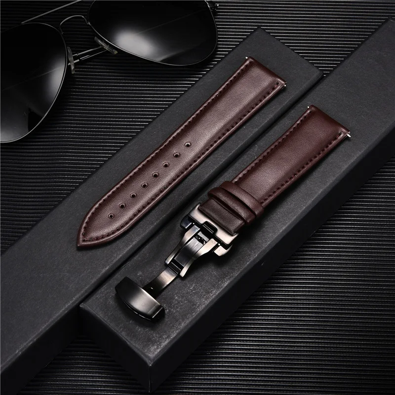 Leather Watch Band 18mm 20mm 22mm 24mm Straps Stainless Steel Butterfly Buckle Clasp Leather Bracelet Black Brown Wristband Belt