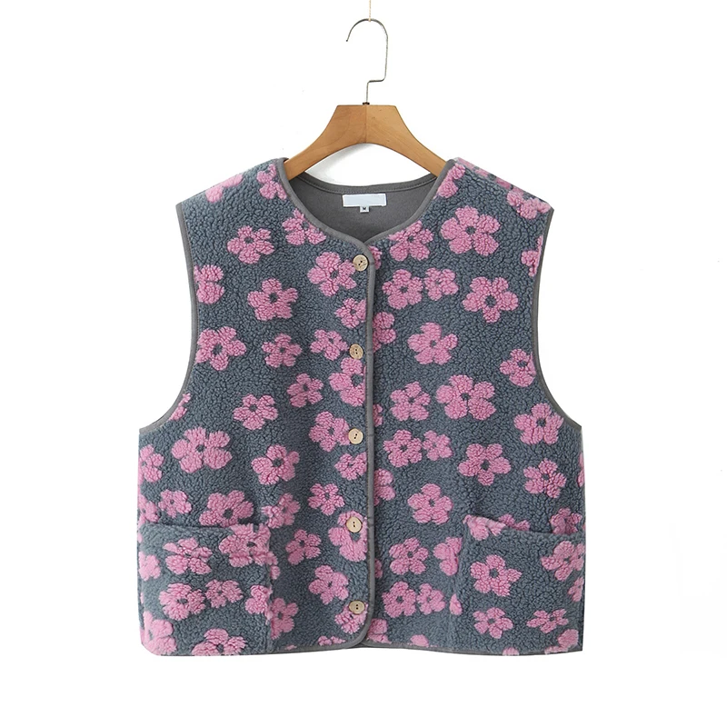 

YENKYE осень-зима теплый жилет из овечьей шерсти с цветочным принтом женский повседневный жилет без рукавов на пуговицах спереди с круглым вырезом