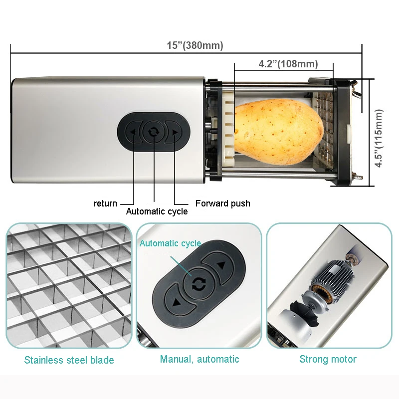 Mesin pemotong keripik kentang listrik, mesin pemotong sayuran kentang goreng 2 pisau baja tahan karat daya tahan lama 58W 110V-240V