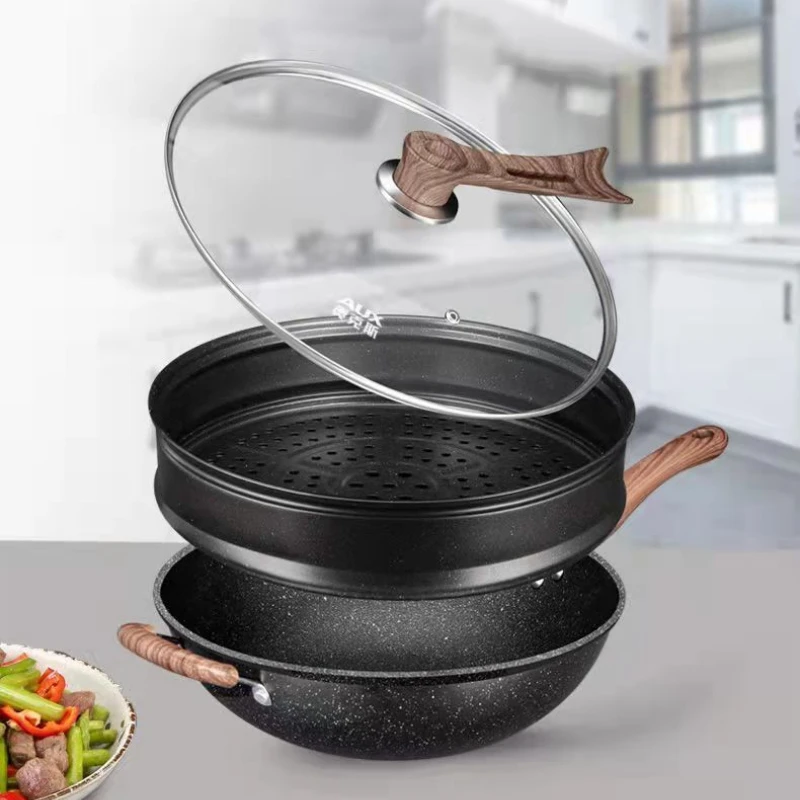 

Diamond-Infused Granite Frying Pan - Smokeless Nonstick Skillet, Gas/Induction Compatible Heavy Duty Wok with Heat Resistance