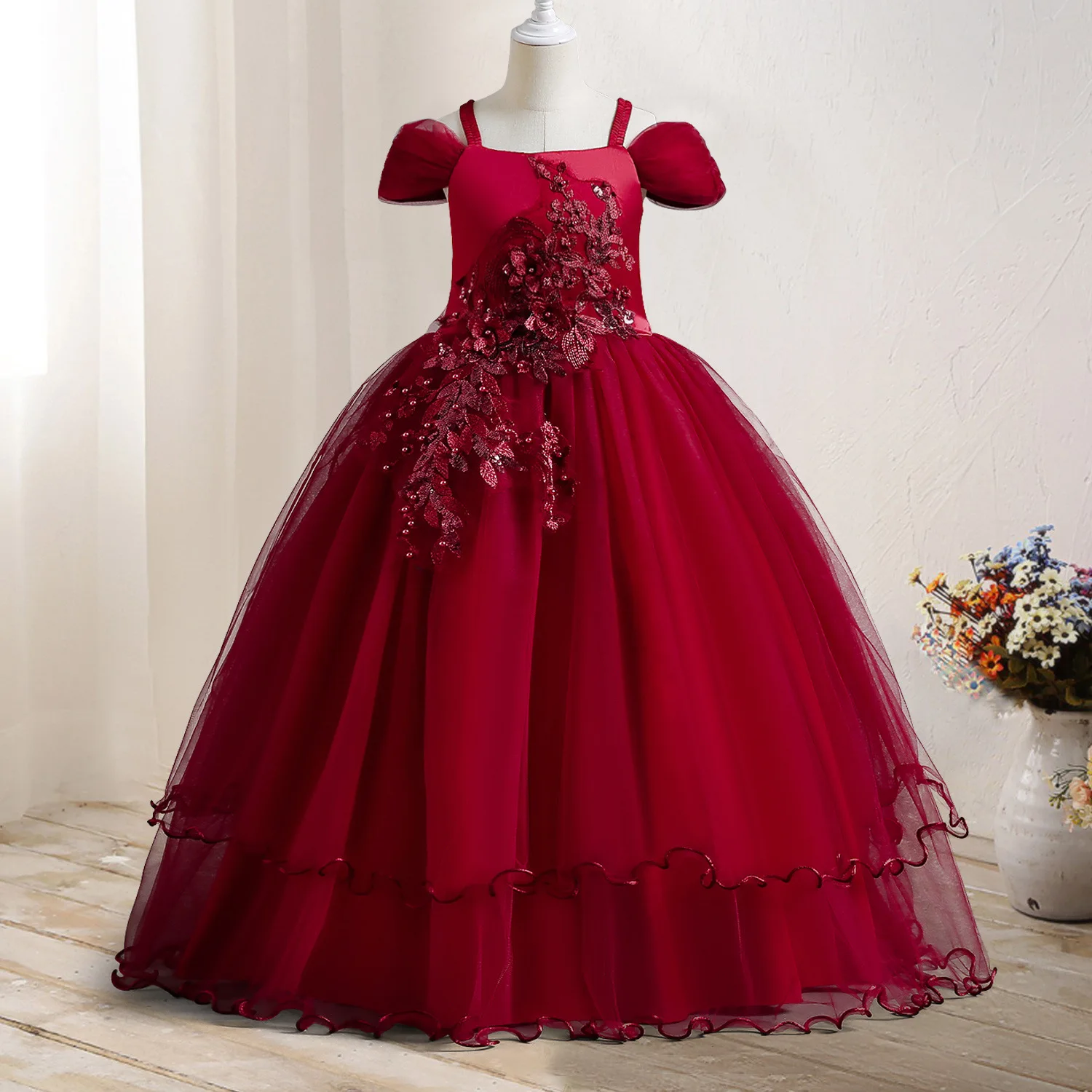 Fashion Off-shoulder Evening Dress For Christmas Girls Party Dresses New Year Red Dress Girl Princess Dress Flower Wedding Dress