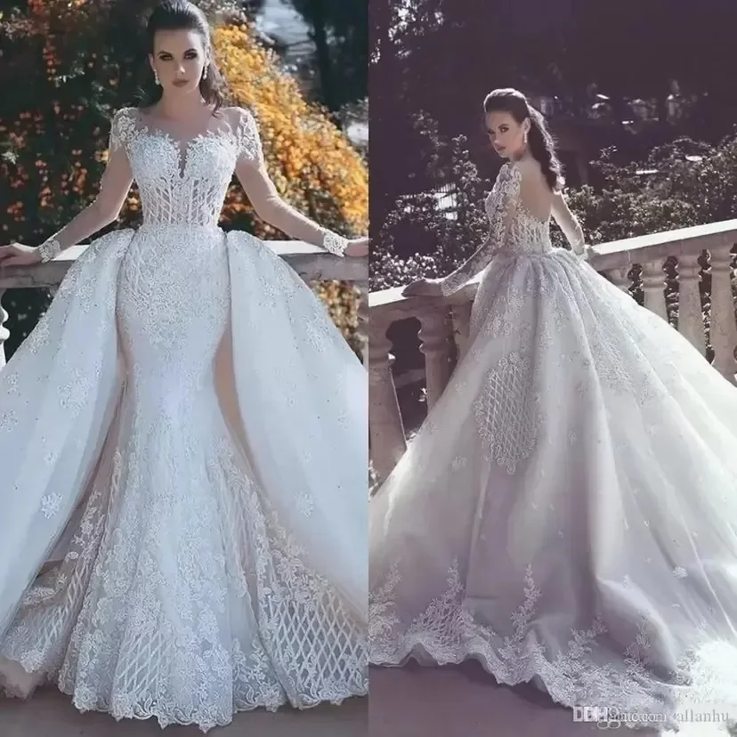 

Customized New Mermaid Lace Wedding Dresses With Detachable Train Sheer Neck Long Sleeves Beaded Overskirt Dubai Arabic Bridal G