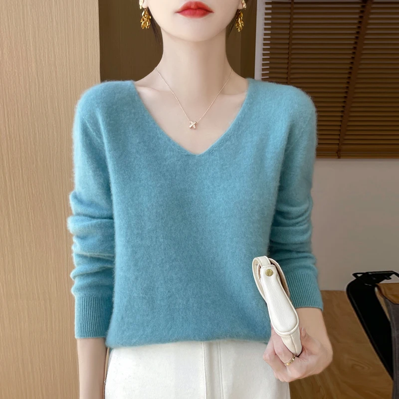 Seamless Spring Autumn Sweater Women's V-neck Knitted Pullover 100% Merino Wool Clothing Long Sleeve Basic Versatile Tops Warm