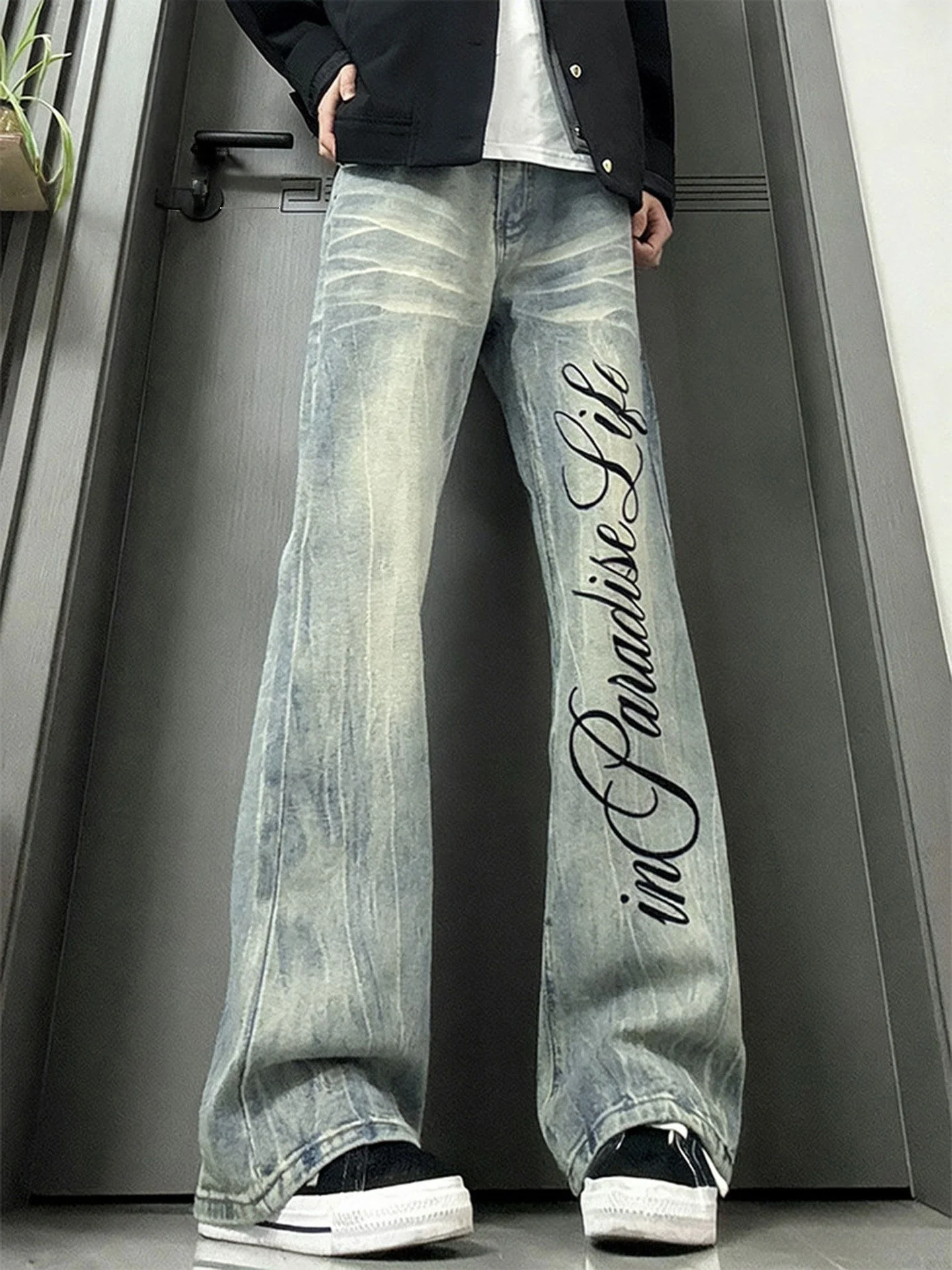 

Мужские джинсы Cleanfit с принтом, зимние, в уличном стиле, зауженные, расклешенные, с надписями и узором в виде молнии, повседневные