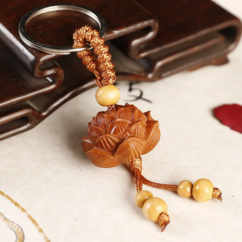 Lotus Peach Wood Car Keychain Pendant Creative Three-Dimensional Hanging Decoration