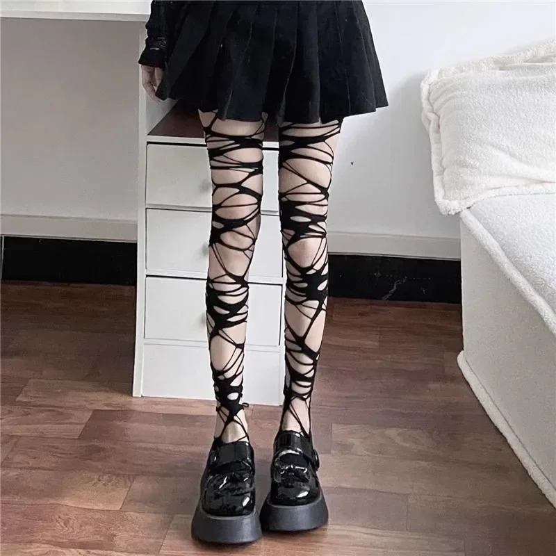 คู่โฮมเมดGothic Punkสไตล์ถุงน่องสาวร้อนSubculture Y2Kสีดําหลุมถุงน่องBottoming Pantyhose