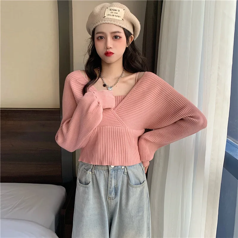 Fake Two Sweater Women 2024 Spring Autumn New V-Neck Full Sexy Knitted Sweaters Korean Short Chic Wild Fashion Pullovers