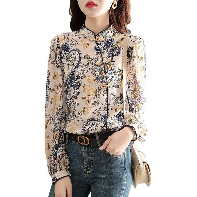 Blusa de cuello alto con hebilla de disco de estilo chino para mujer, camisa holgada elegante con estampado de flores y plantas empalmadas,