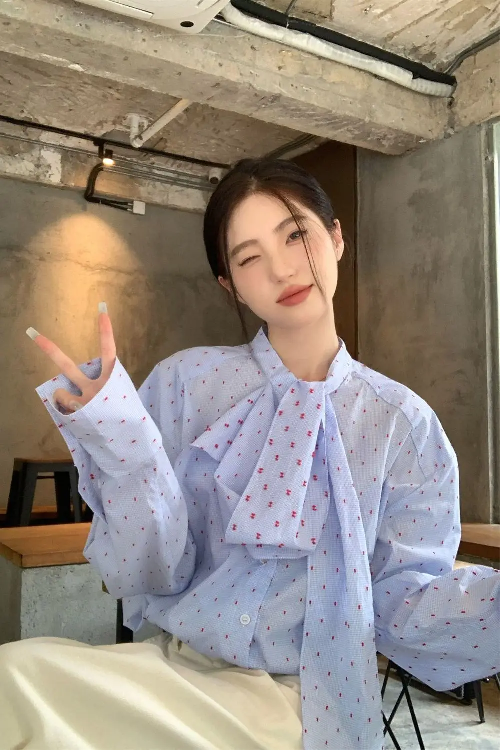 

Gagarich 2026 Korean Style Asymmetrical Bow Tie Jacquard Shirt Women Autumn Chic Temperament Blouse Loose Long Sleeved Top