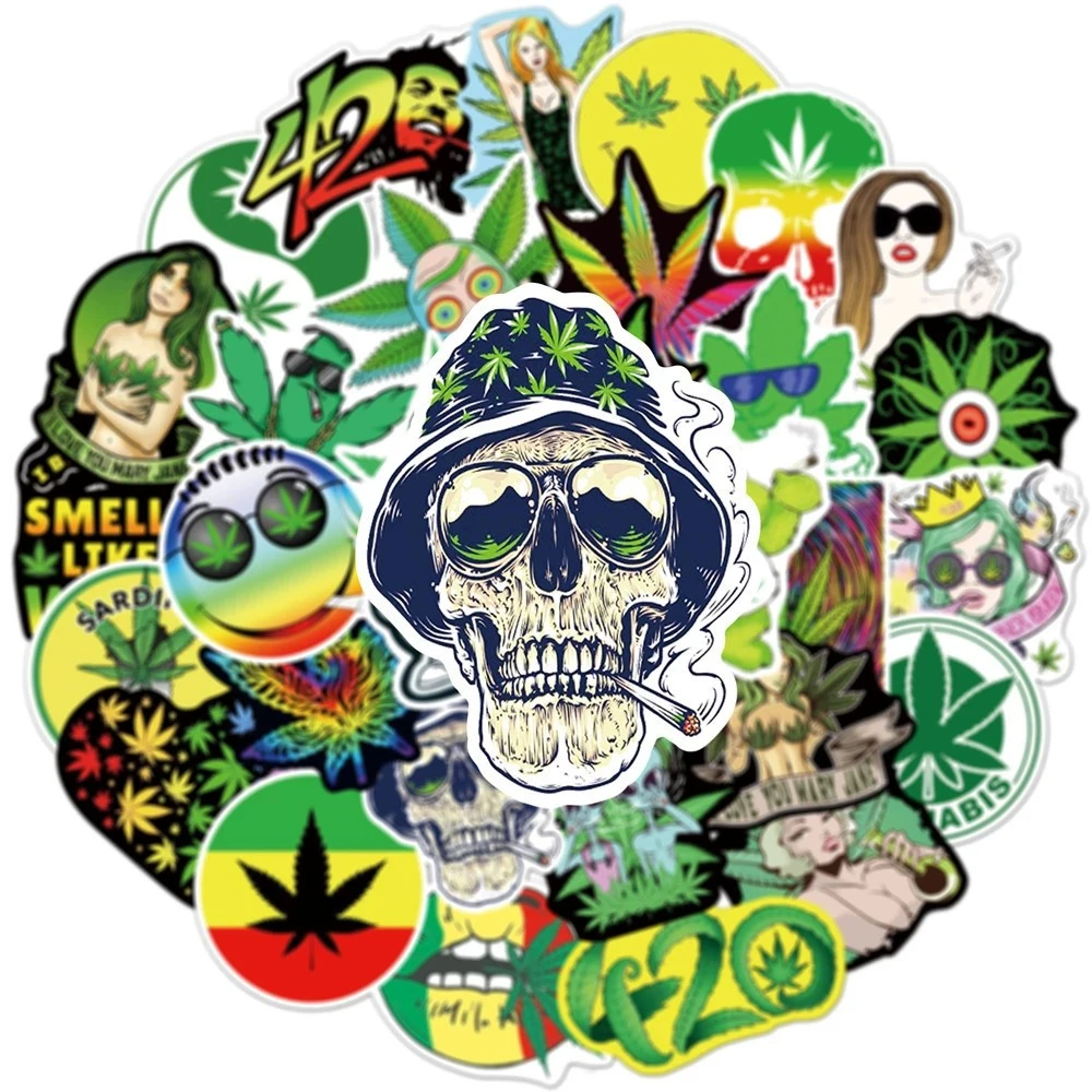 50/100PCS Cool Weed Leaves Spoof Characters Stickers Personalized Motorcycle Helmet Skateboard Waterproof Graffiti Sticker Toys